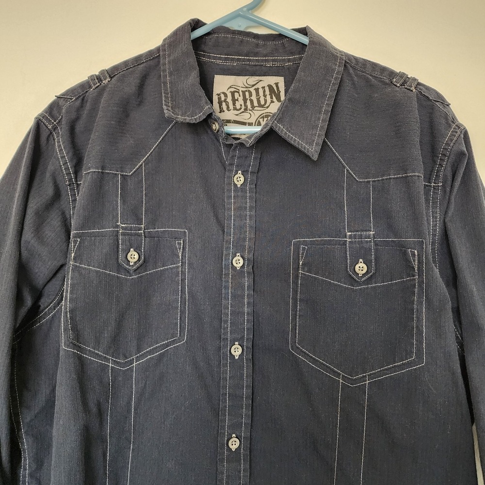 RERUN XL Western Shirt Blue Contrast Stitch Button Front Long Sleeve Mens